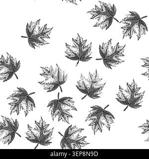 Nahtloses Muster grünes Ahornblatt handgezeichnet. Grüner Herbst, Laubgrund kanada Ahornblatt schwarze Zeichnung Illustration Stock Vektor