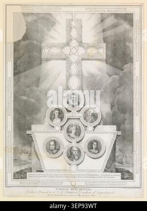 Porträtmedaillons von Heinrich IV., Marie Antoinette, Ludwig XVI., Madame Elisabeth, Herzog von Berry, Herzog von Enghien und Ludwig XVII. Sind auf einem Altar angeordnet, der von einem Kreuz überragt wird. Die Gravur kombiniert königliche und dynastische Figuren in einer Gedenkausstellung. Stockfoto