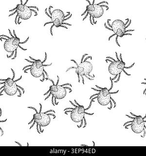Nahtloses Muster Insektenzecke Hand gezeichnet. lyme-Milbe, Bissparasit, Tierbett Insektentick schwarze Sketch-Illustration Stock Vektor