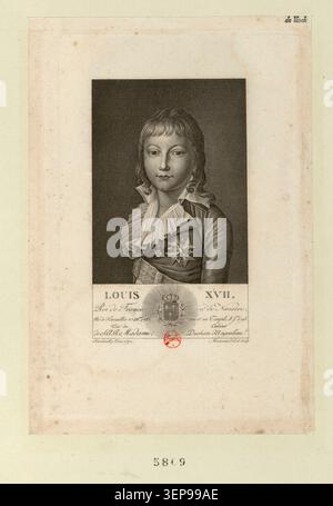 Ein Kupferstich zeigt Louis XVII., Titularkönig von Frankreich und Navarra, geboren am 27. März 1785 in Versailles und als gestorben im Tempelgefängnis am 8. Juni 1795 in einem Porträtformat aus der revolutionären Ära von 1792. Stockfoto