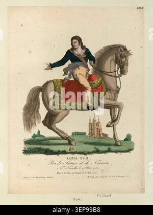 Die Gravur zeigt Ludwig XVII., König von Frankreich und Navarra, seine Geburt in Versailles im Jahr 1785 und seinen Tod im Tempel im Jahr 1795, arrangiert als eine Komposition im Erinnerungsstil, die mit der königlichen Erinnerung aus der revolutionären Ära assoziiert ist. Stockfoto