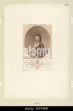 Gravur zeigt ein Gedenkporträt von Ludwig XVII., Titularkönig von Frankreich und Navarra, geboren 1785 in Versailles und gestorben 1795 im Tempel, ausgestellt vom Kabinett Madame, Herzogin von Angoulême, und von Hourdain C. 1792 graviert. Stockfoto