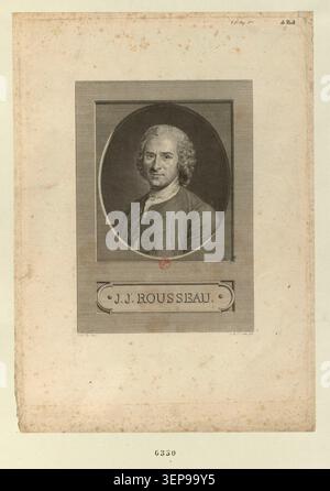Die Gravur zeigt ein Büstenporträt von Jean-Jacques Rousseau im Dreiviertelprofil in einem ovalen Rahmen, das von Augustin de Saint-Aubin ausgeführt wurde und neoklassische Porträtkonventionen und intellektuelle Darstellung der Aufklärung betont. Stockfoto