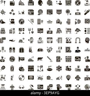 Eine Reihe von Glyphen-Symbolen, die eine Vielzahl von Alltagsgegenständen, Aktivitäten, Konzepten und digitalen Technologien in konsistentem Schwarz-weiß-Stil veranschaulichen Stock Vektor