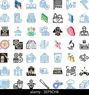 Verschiedene flache und isometrische Symbole im Doodle-Stil zur Visualisierung von Konzepten in Bereichen wie Psychologie, Zahnmedizin, Fitness, Finanzen, Kommunikation, Stock Vektor