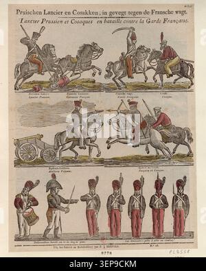 Napoleonische Kriege Gravur zeigt preußische Lanzer und Kosaken, die während der russischen Kampagnenschlachten gegen die französische Garde kämpfen. Stockfoto