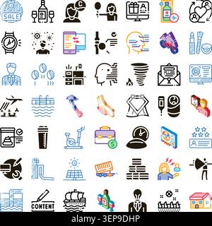 Eine Reihe verschiedener Vektorsymbole, die verschiedene Konzepte in Bezug auf Wirtschaft, Lebensstil, Gesundheitswesen und Technologie darstellen und eine breite visuelle Darstellung bieten Stock Vektor