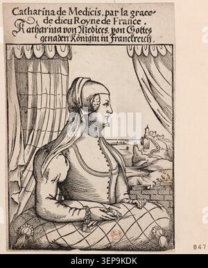 Ein Kupferstich zeigt Catherine de Medici (1519–1589), Königin von Frankreich, in Form einer Profilbüste innerhalb einer königlichen Porträttradition aus dem 16. Jahrhundert, die politische Autorität, dynastischen Einfluss und höfische Repräsentation im französischen Renaissance betont Stockfoto