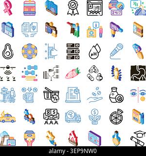 Sammlung von bunten und umrissenen Icons, die verschiedene Aspekte der Wirtschaft, Finanzen, Gesundheit, Technologie, Bildung, Lifestyle und Industrie c Stock Vektor