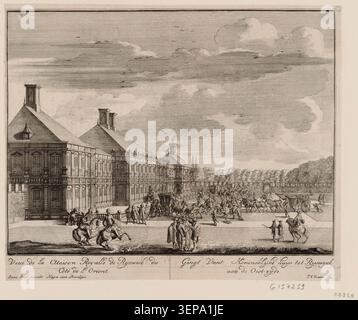 Das Königshaus Ryswicks wird von der östlichen Seite in einem Stich von Van Vianen dargestellt. Der Standort ist mit den Verträgen von Ryswick verbunden und spiegelt einen Ort wider, der mit der europäischen Diplomatie in den Jahren 1697–1698 verbunden war. Stockfoto