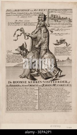 Ein Gravur zeigt eine Szene, in der der Papst auf einem Jesuiten montiert ist, den er am Zaumzeug hält. Der Druck gehört zu einer Reihe historischer Themen aus dem Jahr 1701-1788 und fungiert als satirische Kritik der kirchlichen Autorität. Stockfoto