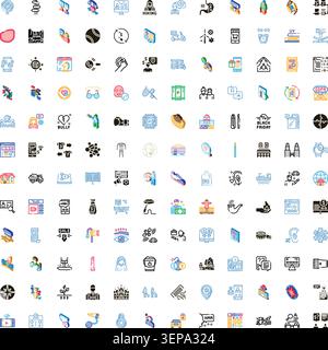 Vielfältige Sammlung flacher Symbole, die verschiedene Geschäftskonzepte, digitale Technologie, soziale Themen, Gesundheit, Bildung, und alltagstauglich Stock Vektor