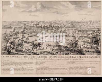 Ein Kupferstich von N. Marvie zeigt die Belagerung von Bergen op Zoom im Jahr 1747, bei der französische Truppen die Stadt und die Festungen eroberten. Der Druck bewahrt die militärischen Operationen und den europäischen Konfliktkontext der Mitte des achtzehnten Jahrhunderts. Stockfoto