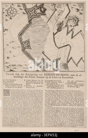 Eine Gravur zeigt den Plan der Belagerung von Berg-op-Zoom und dokumentiert die Militäroperationen rund um den Konflikt von 1747 in Bergen op Zoom in den Niederlanden während der europäischen Kriegsführung des 18. Jahrhunderts. Stockfoto