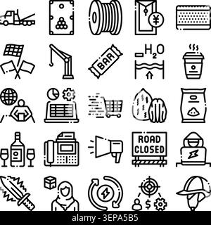 Verschiedene Symbole zeigen Transport, Sport, Bauwesen, Lebensmittel, Finanzen, Technologie und Kommunikation vielseitige Vektorpiktogramme für Web, A Stock Vektor