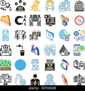 Sammlung von grafischen Symbolen, die verschiedene Konzepte in Bezug auf Finanzen, Umwelt, Technologie, Gesellschaft, Gesundheit, und e Learning, Nutzu Stock Vektor