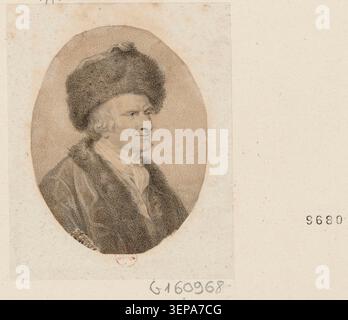 Jean-Jacques Rousseau ist in einem ovalen Rahmen dreiviertel nach rechts gedrehten Büstenformat dargestellt, das die Konventionen des Porträts widerspiegelt, die für intellektuelle Figuren der Aufklärung im Frankreich des 18. Jahrhunderts verwendet wurden. Stockfoto