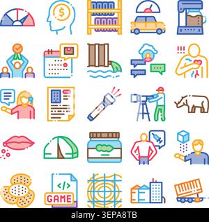 Symbole, die verschiedene moderne Konzepte wie Finanzen, Umwelt, Bildung, Medizin, Technologie, Transport und Kommunikation, dargestellt in Stock Vektor