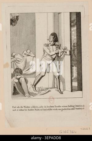 Eine Gravur zeigt, wie Napoleon die Insel Elba verlässt, während die Wachen schlafen. Die Szene bezieht sich auf die Rückkehr von Elba im Jahre 1814-1815 und ist Teil einer Sequenz französischer historischer Themen aus der Napoleonischen Zeit. Stockfoto