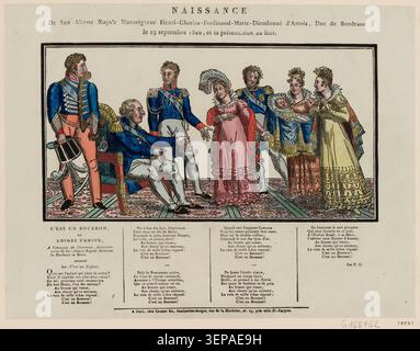 Dieser Kupferstich erinnert an die Geburt von Henri Charles Ferdinand Marie Dieudonné d’Artois, Herzog von Bordeaux, am 29. September 1820 und dokumentiert seine Darbietung an den König 1821 während der Bourbon-Restauration. Stockfoto