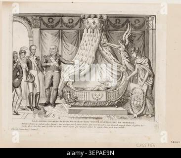 Henri Charles Ferdinand Marie Dieudonné d’Artois, Duc de Bordeaux, wird im Zusammenhang mit seiner Geburt präsentiert, um an die Ankunft des Bourbon-Erben in den Jahren 1820-1821 zu erinnern und die dynastische Kontinuität in Frankreich widerzuspiegeln. Stockfoto
