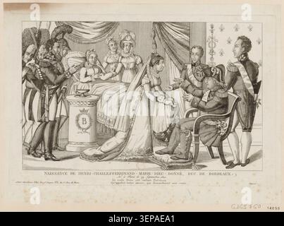 Die Geburt von Henri Charles Ferdinand Marie Dieudonné, Herzog von Bordeaux, ist Gegenstand dieses Stiches. Der Druck erinnert an die Ankunft des Königskindes, später Henri de Bourbon, Comte de Chambord, in den Jahren 1820–1821. Stockfoto