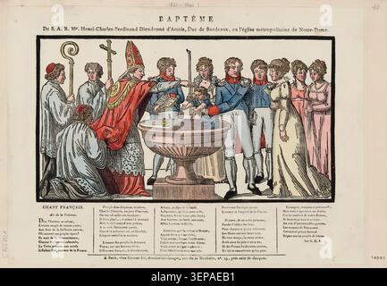 Henri Charles Ferdinand Dieudonné d’Artois, Herzog von Bordeaux, empfängt die Taufe in der Kirche Notre-Dame, und der Gravur dokumentiert die königliche Zeremonie von 1820 bis 1821. Stockfoto