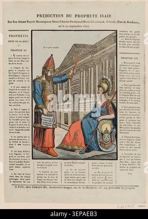 Ein Kupferstich verbindet eine Prophezeiung von Jesaja mit Henri Charles Ferdinand Marie Dieudonné d’Artois, Herzog von Bordeaux, geboren am 29. September 1820. Der Druck spiegelt königliche Feierlichkeiten und dynastische Erwartungen innerhalb der französischen Bourbon-Monarchie wider. Stockfoto