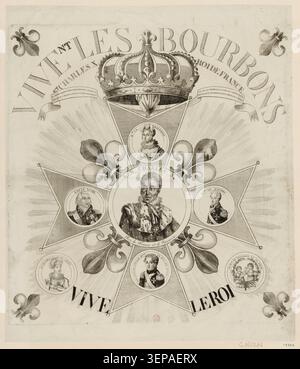 Karl X., Ludwig XVIII., der Dauphin, der Dauphine, der herzog von Berry, die herzogin von Berry, der herzog von Bordeaux und seine Schwester erscheinen zusammen in einem Gravur, der Mitglieder der französischen Königsfamilie zwischen 1824 und 1825 repräsentiert. Stockfoto