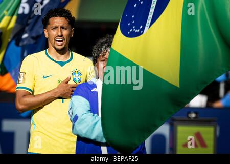 13. Juni 2026; MetLife Stadium, East Rutherford, New Jersey, Vereinigte Staaten von Amerika, FIFA Fussball-Weltmeisterschaft, Brasilien gegen Marokko; Marquinhos von Brasilien Stockfoto