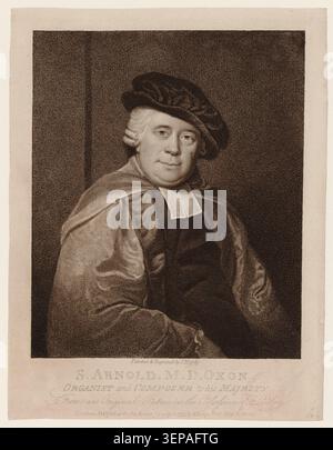 Samuel Arnold komponiert und konzertiert 1797 in England. Der Stich von Thomas Hardy dokumentiert seine Tätigkeit als Komponist und Keyboarder im späten 18. Jahrhundert. Stockfoto