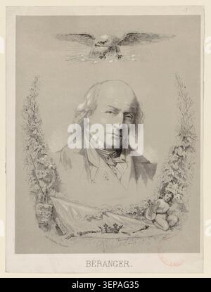 Ein Porträt aus dem Jahr 1880 zeigt Pierre-Jean de Béranger (1780–1857), das vom Lithographen P. Rivière in Toulouse produziert wurde und den Songschreiber in einer formalen Abbildung innerhalb einer Reihe bemerkenswerter musikalischer Figuren aufnimmt. Stockfoto