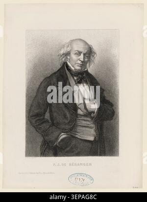 Pierre-Jean de Béranger erscheint in einem Porträt von Alphonse-Charles Masson aus dem Jahr 1870. Der Druck zeichnet den französischen Dichter und Songwriter auf und bewahrt sein Gleichnis innerhalb der Literatur- und Musikkultur des 19. Jahrhunderts in Frankreich. Stockfoto