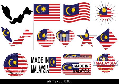 Professionelle Malaysia Vektorkollektion mit Nationalflaggenvariationen, Silhouette der Landkarte, Mondsichel und Sternsymbolen mit 14 Punkten. Stock Vektor