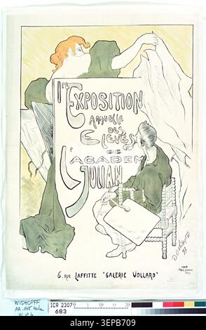 Ein Werbeplakat für die erste jährliche Ausstellung von Académie Julian Studenten, die 1897 in der Galerie Vollard, Rue Laffitte 6 in Paris stattfand, entworfen von David Ossipovitch Widhopff, das die Ausstellung zeitgenössischer Kunst in der Pariser Galerie fördert, wobei der Schwerpunkt auf den öffentlichen Ausstellungsräumen präsentierten Studentenarbeiten liegt. Stockfoto