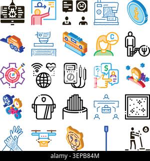 Sammlung verschiedener Farblinien, die Konzepte aus den Bereichen Wirtschaft, Technologie, Finanzen, Psychologie, Bildung, und verschiedene Industrien auf einem sauberen Stock Vektor