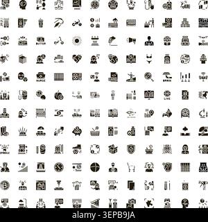 Eine Reihe minimalistischer Schwarzweiß-Symbole, die eine breite Palette von Themen veranschaulichen, darunter Technologie, Wirtschaft, Finanzen, Menschen, Gesundheitswesen, Essen, Reisen, Stock Vektor
