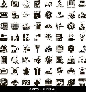 Verschiedene schwarze Glyphen-Symbole auf weißem Hintergrund veranschaulichen Geschäfts-, Technologie-, Reise-, Gesundheits-, Bildungs- und Alltagskonzepte für ui, Infografiken und Stock Vektor
