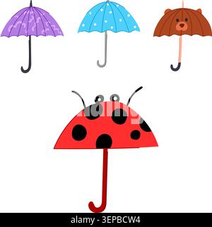 Vier stilisierte Regenschirme in verschiedenen Farben und Mustern, darunter Blau mit Polka Dots, Lila mit Wirbeln, ein braunes Bärengesicht und ein rotes Marienkäfer-Motiv Stock Vektor