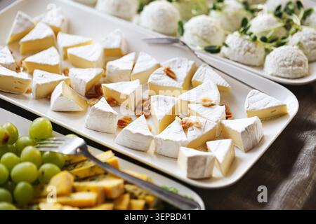 Verschiedene Käsesorten und Trauben werden auf einer Platte in der Nähe serviert. Gourmet-Vorspeisen für Partys, Catering und festliche Zusammenkünfte. Stockfoto