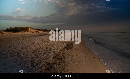 Panoramablick auf einen leeren Sandstrand mit Dünen und dunklen Wolken auf der Halbinsel Darss, Deutschland. Stockfoto