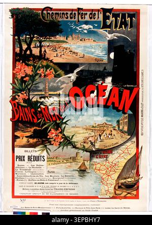 Das Poster für den Eisenbahntourismus wirbt für mehrere französische Küstenorte am Atlantik, darunter Royan, La Rochelle, Cordouan, Pornic, Les Sables-d’Olonne und Fouras, und hebt die Eisenbahnverbindungen hervor, die den Küstenurlaub und die regionale Tourismusentwicklung in Frankreich zwischen dem späten 19. Und frühen 20. Jahrhundert unterstützten. Stockfoto