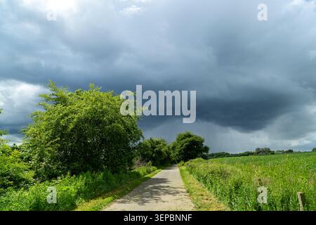 Eine ländliche Landschaft auf dem Fife Küstenwanderweg unter einem dunklen, stürmischen Himmel mit sichtbarem Regen, Dalgety Bay, Fife, Schottland Stockfoto