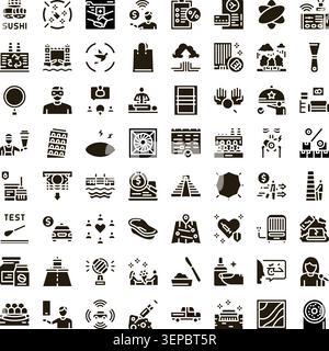 Umfassende Sammlung von Glyphen-Symbolen, die verschiedene Konzepte wie Lebensmittel, Unternehmen, Technologie, Finanzen, Umwelt, reisen, Gesundheit und da Stock Vektor