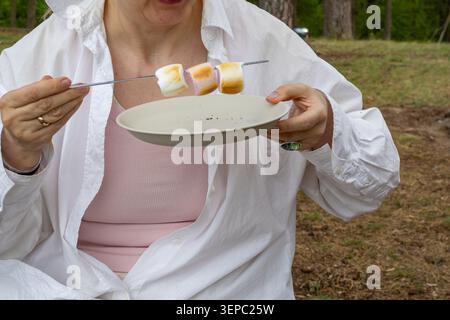 Nahaufnahme einer Frau mit geröstetem Marshmallow während eines entspannten Familienpicknicks im Wald. Imbissmomente im Freien, Camping-Erholung, Freizeitaktivitäten in ungezwungener Atmosphäre Stockfoto