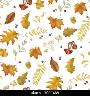 Blätter, Eicheln, Pilze und Beeren, nahtloses Herbstmuster. Aquarellabbildung. Die Zeichnung des Herbstwaldes ist handgezeichnet, isoliert auf Stockfoto