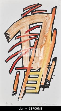 Abstrakte geometrische Grafik mit eckigen Formen, dynamischen roten linearen Elementen und warmen Orangetönen, isoliert auf weißem Hintergrund. Stockfoto