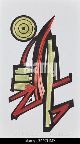 Abstrakte geometrische Grafik mit roten Winkelformen, gekrümmten Linien und kreisförmigen Elementen, isoliert auf weißem Hintergrund. Stockfoto