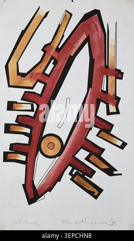 Abstrakte geometrische Kunstwerke mit dynamischen geschwungenen Formen, eckigen Elementen und roten Ockertönen, isoliert auf weißem Hintergrund. Stockfoto
