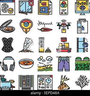 Verschiedene Line-Art-Symbole, die Technologie, Landwirtschaft, Medizin, digitale Sicherheit, Lebensmittel, Natur und Alltagsgegenstände, die eine breite Ra illustrieren Stock Vektor